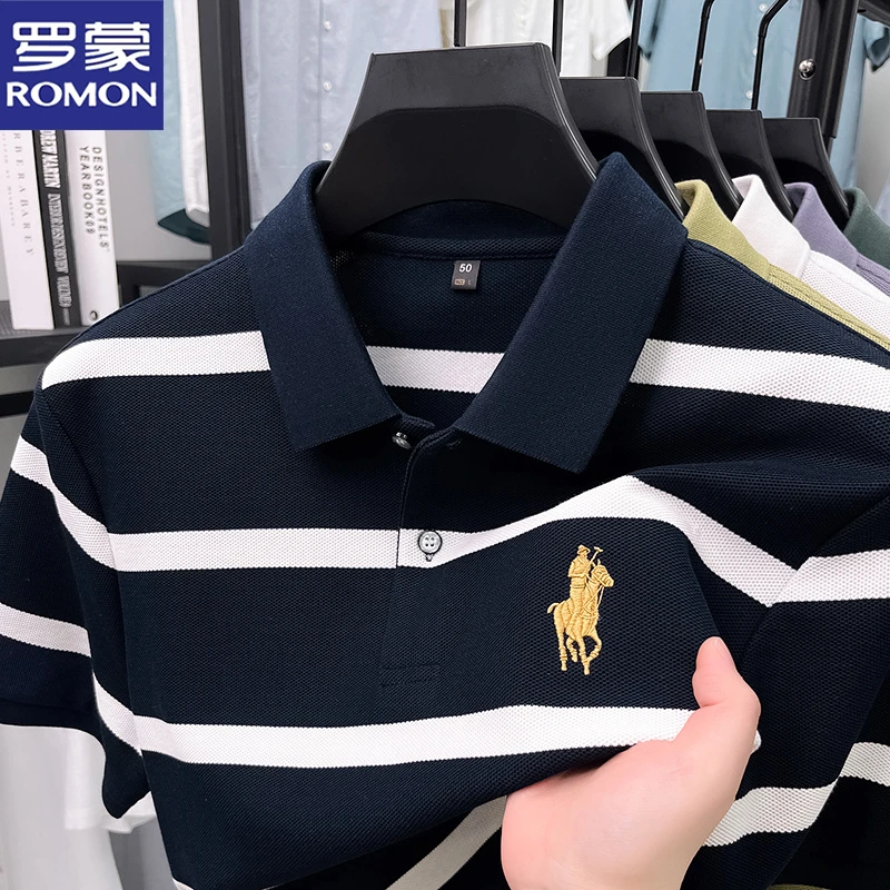 罗蒙夏季薄款透气刺绣撞色POLO衫男士休闲百搭短袖T恤马标上衣男