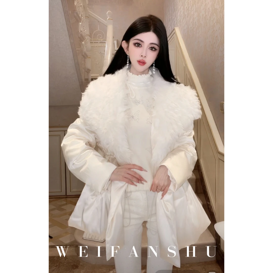 WEIFANSHU/魏凡舒【米兰冬夜】冬季新款真丝拼羊羔毛90鹅绒保暖外套