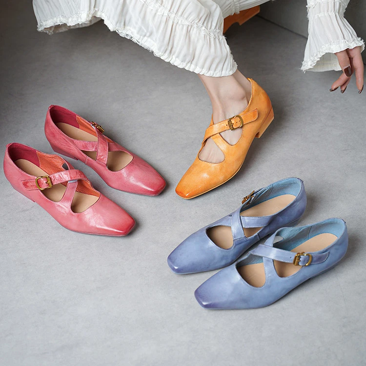 2025复古水洗马皮玛丽珍女春季方头交叉带真皮鞋