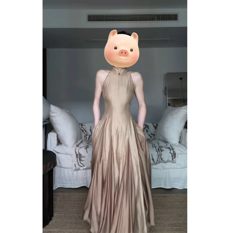 2025夏季新款高级感气质收腰小众无袖大摆裙设计感优雅长款连衣裙