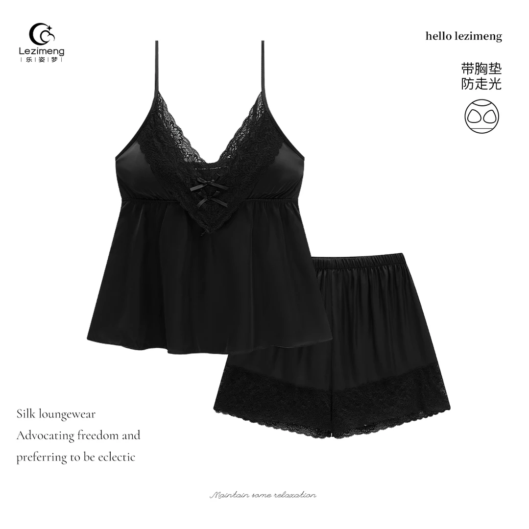 黑色睡衣女夏季性感冰丝2025年新款带胸垫蕾丝吊带短裤套装家居服