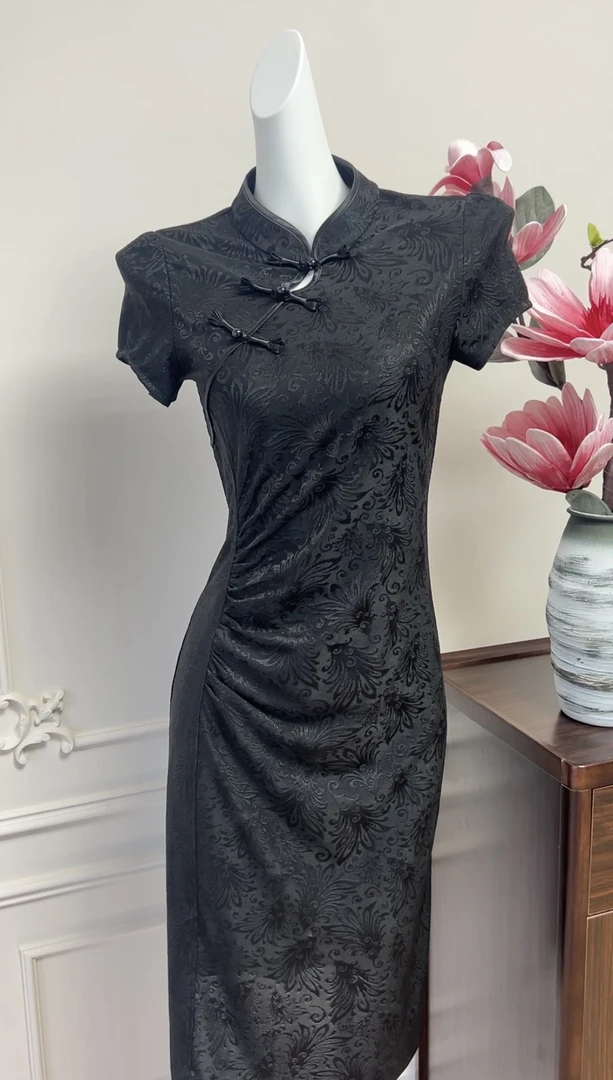 新中式改良款旗袍连衣裙提花通勤风新款常规日常优雅黑色显瘦