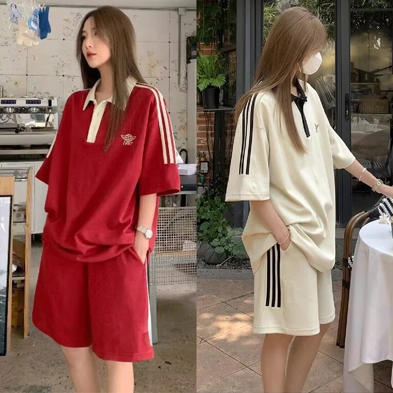 仿棉休闲运动套装女夏季宽松大码学生时尚中袖POLO衫短裤两件套