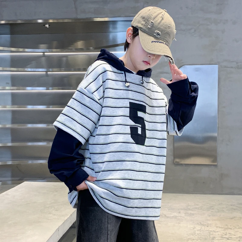 【高品质】男童春秋款卫衣2025秋季新款中大童儿童假两件连帽卫衣