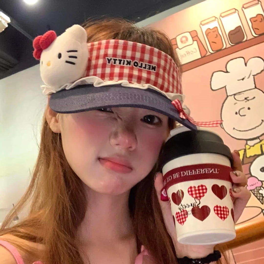 可爱格纹Kitty猫空顶防晒帽女夏季显脸小遮阳帽户外出游太阳帽子