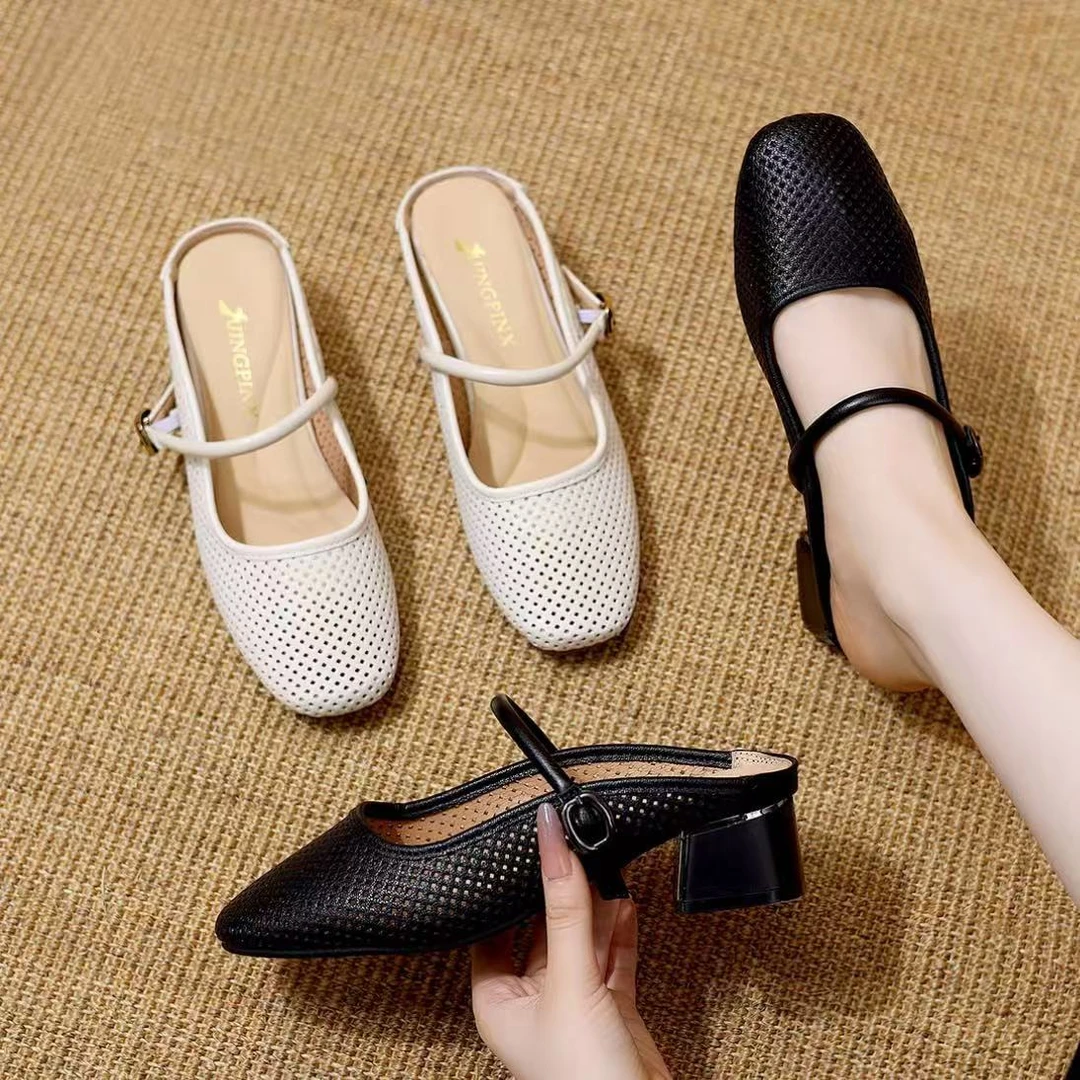【品牌力荐】方头凉鞋拖鞋镂空好穿不累脚低跟中跟粗跟软底防滑3865