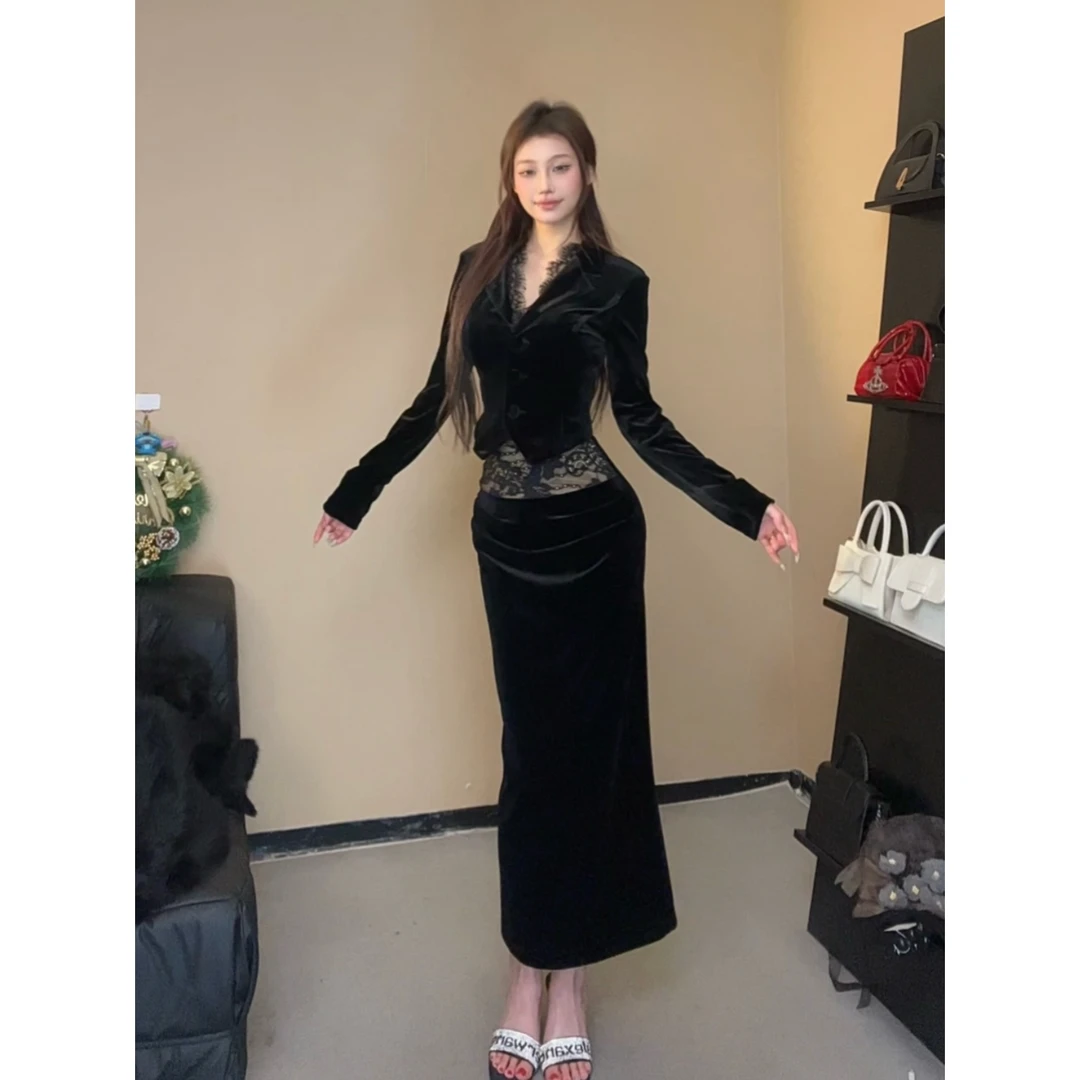 小莹日记【璀璨星河】御姐黑色长袖蕾丝拼接时尚套装SXQHZ407893