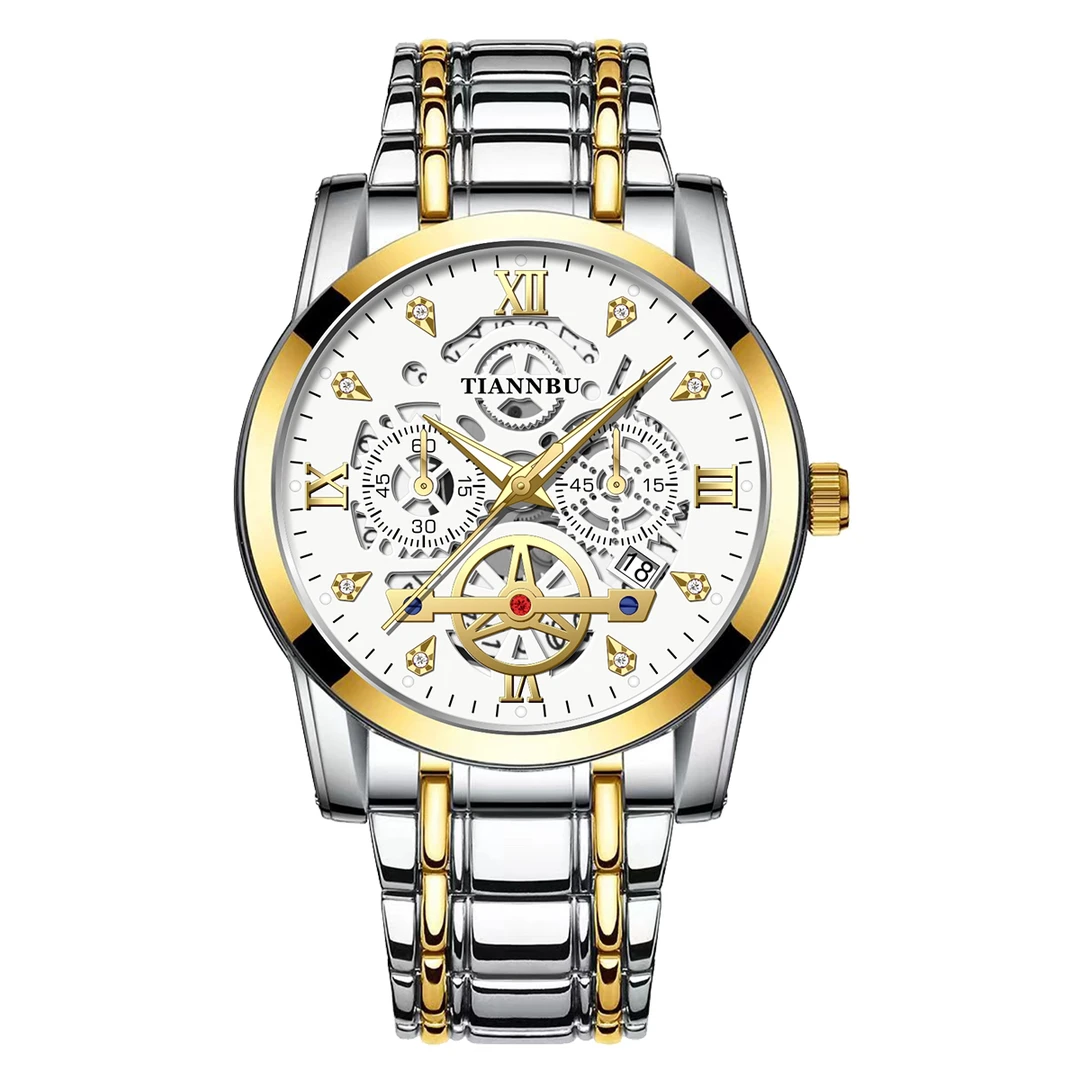 【专柜正品】--tianbo三眼六针白面间金壳-全新防水男款商务手表-24