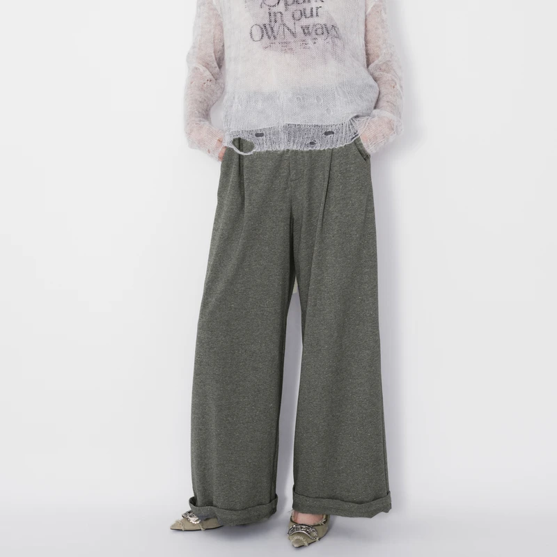 REVAN芮范设计师款质感深灰针织阔腿裤RM71301099
