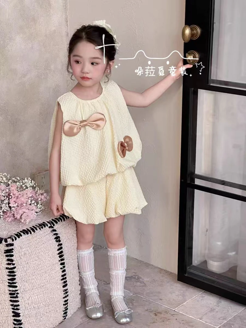 【哚菈觅童装】2025夏季新款甜美蝴蝶结可爱泡泡裤套装洋气公主风