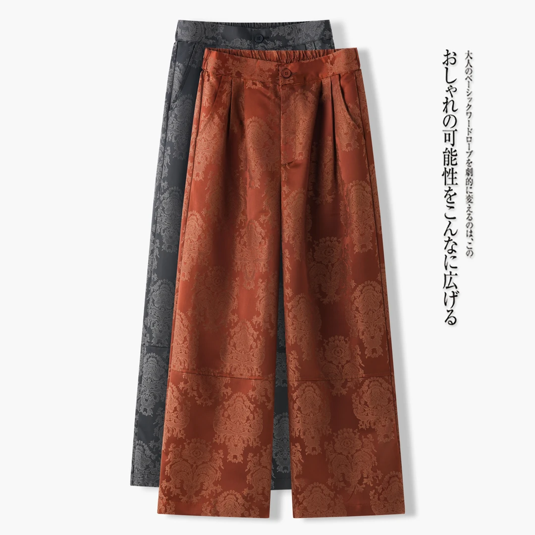 拉夏贝尔提花九分阔腿裤女春秋2025新款高腰显瘦小个子休闲直筒裤