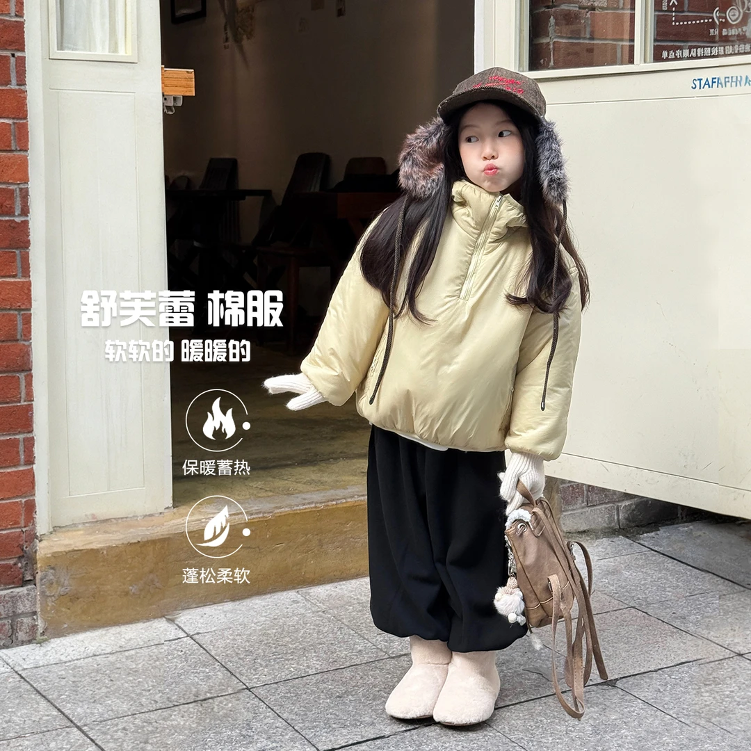 SKI2542韩版洋气纯色保暖连帽外套2025冬装新款儿童休闲外衣