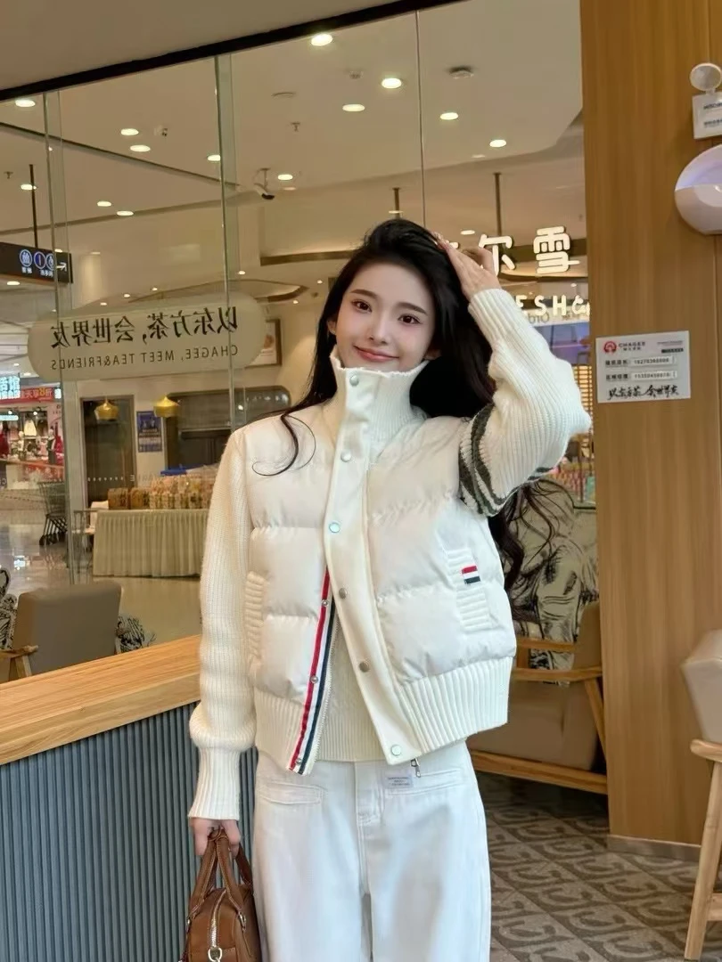 TB高品质大牌时尚保暖长袖厚款立领冬季针织女拼接简约棉服短款