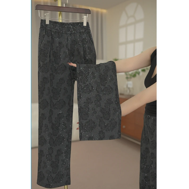 秋上新软毛呢休闲直筒裤高腰弹力针织女士宽松外穿阔腿时尚百搭