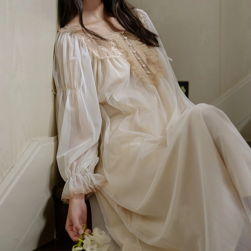 长袖睡裙女款爆款2025新款春秋夏季薄款网纱大码法式宫廷风睡衣