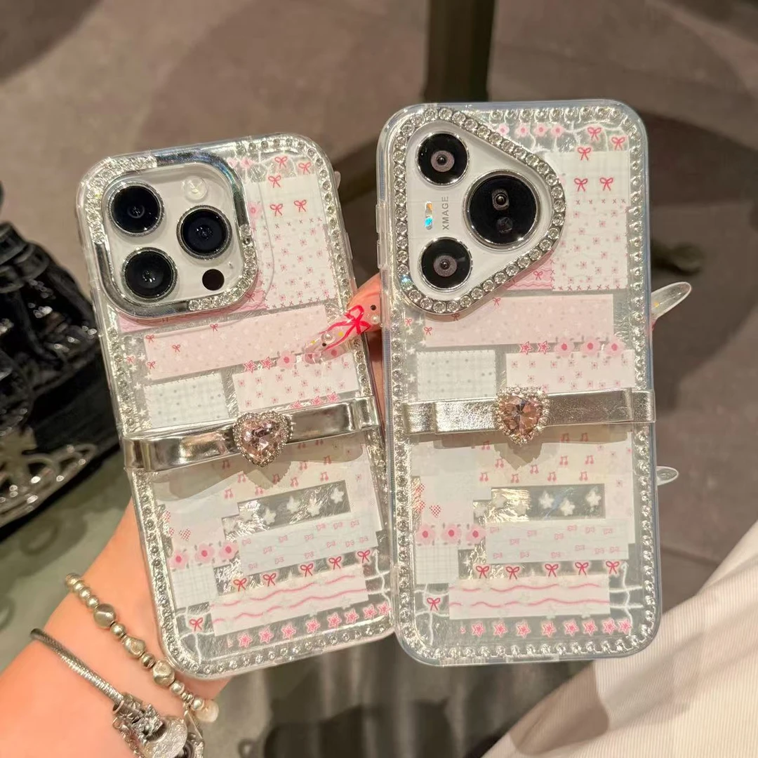 ins韩系粉碎花拼图适用苹果16pro手机壳点钻边框华为pura70保护壳