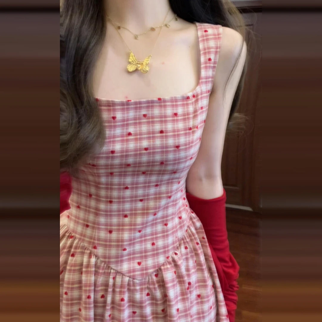 4804【金拐子专属】法式红色格纹吊带连衣裙子女度假长裙穿搭套装