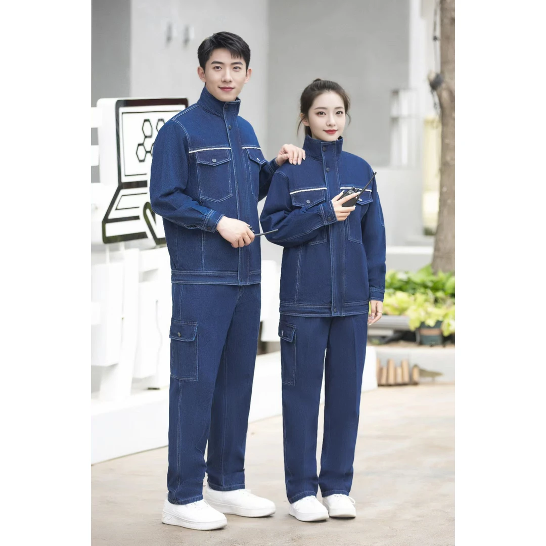 全棉牛仔加厚立领套装男电网电焊耐磨防烫春秋双层长袖劳保工作服