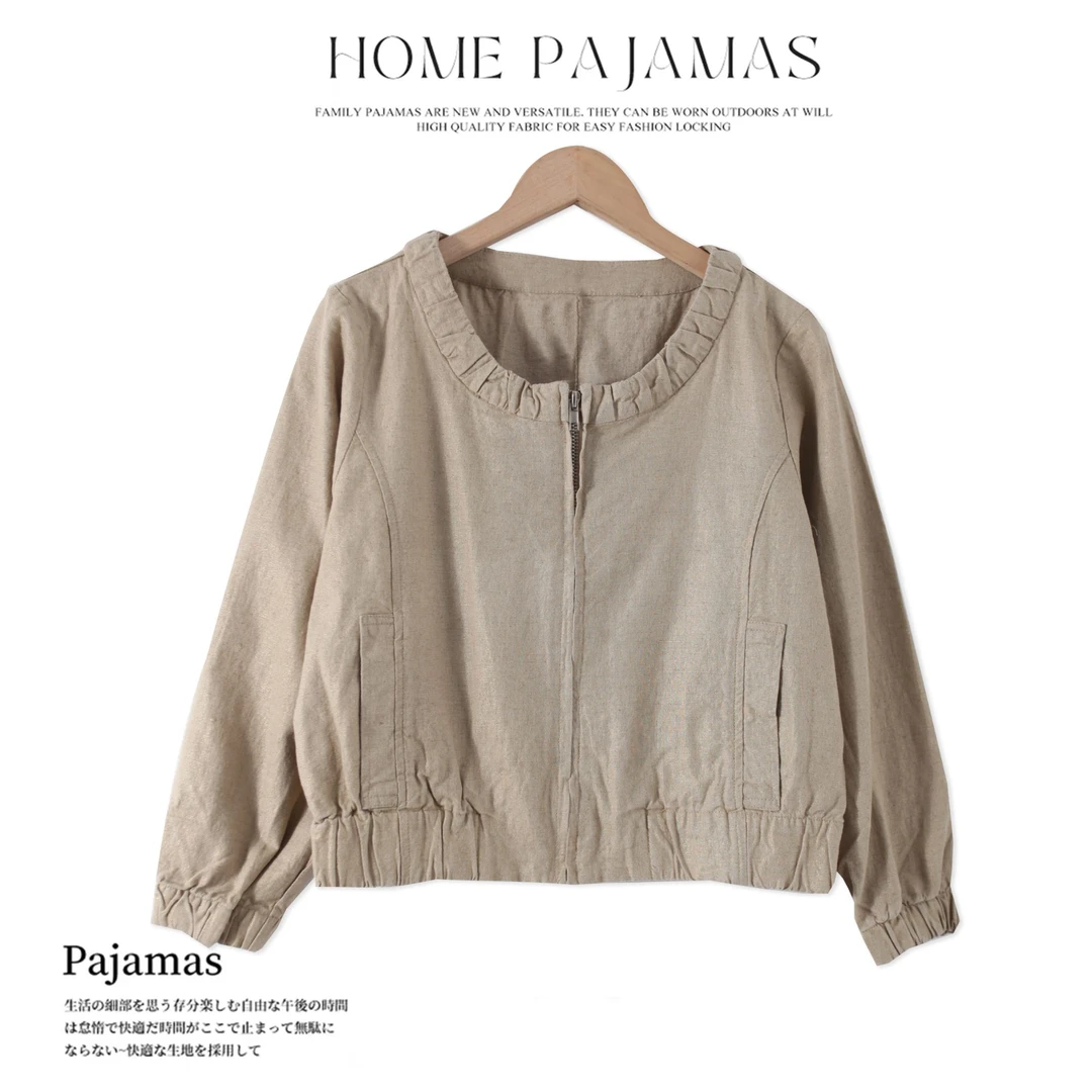 春季新款女士100%麻短外套圆领休闲上衣BB0087时尚洋气气质