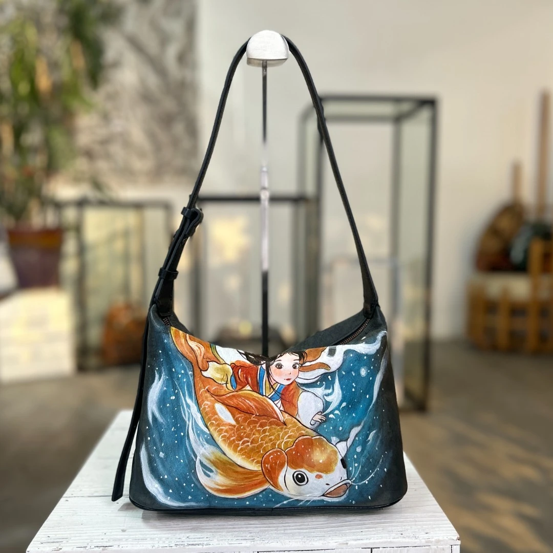 手绘包包真皮女包托特包大容量休闲斜挎包通勤简约单肩包百搭包包