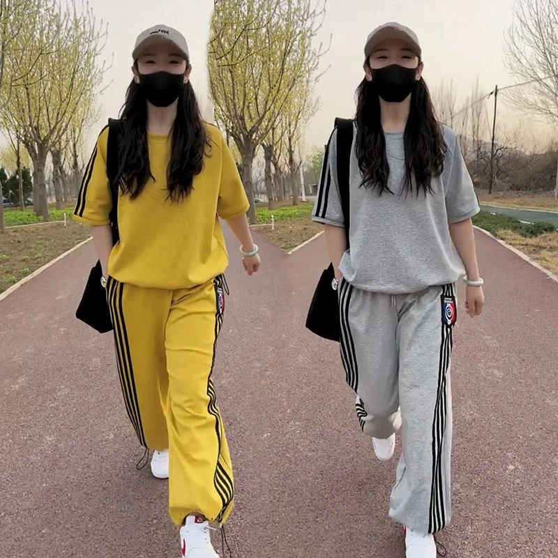 2025夏季新款休闲宽松短袖运动服套装女圆领卫衣束脚卫裤两件套潮