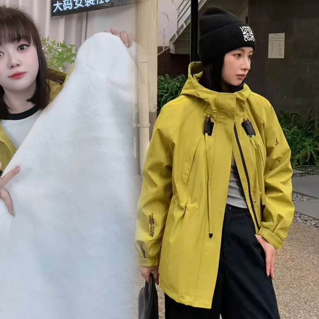 大码女装冬装新款派克服外套胖妹妹中长款连帽棉服冲锋衣收腰显瘦