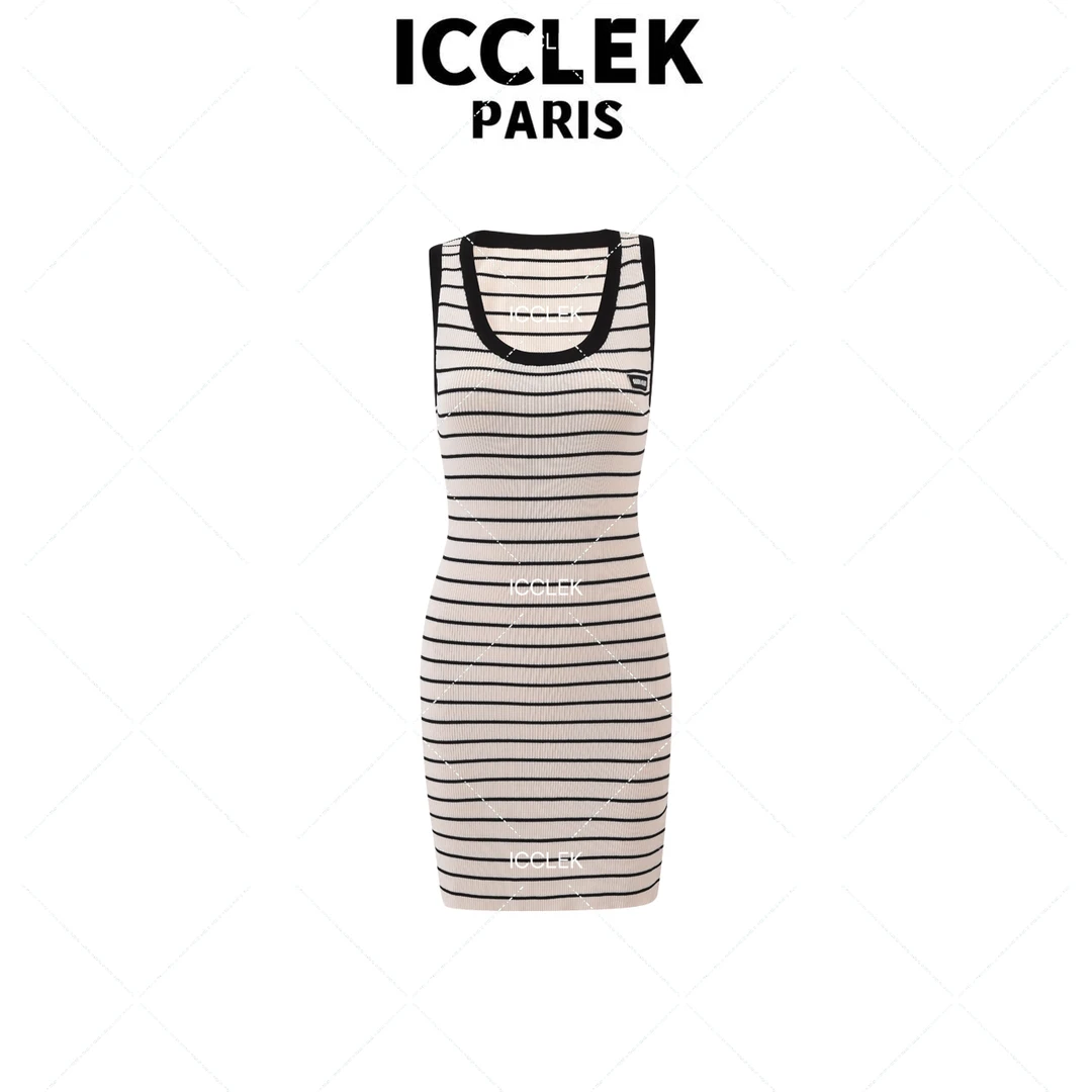 ICCLEK  夏季条纹圆领无袖连衣裙修身显瘦气质针织百搭名媛 -1338