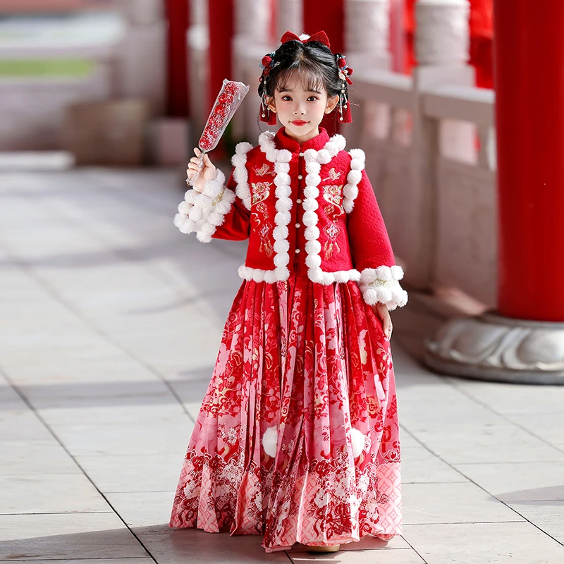 99599汉服女童中国风冬款加绒长袖襦裙装古风唐装连衣公主裙子