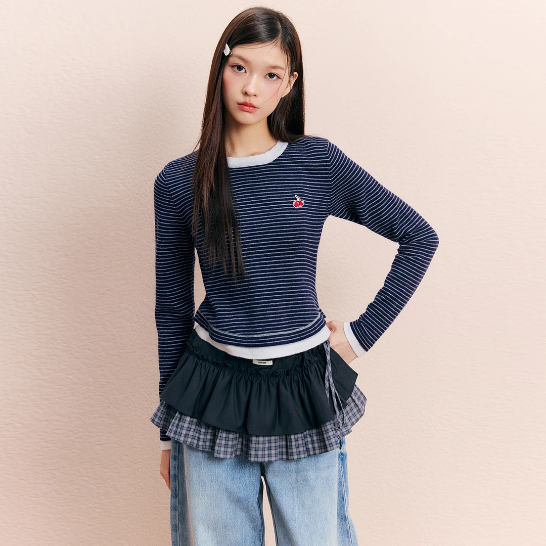 樱桃KIRSH韩系百搭撞色条纹针织衫女秋季新款刺绣修身长袖毛衣