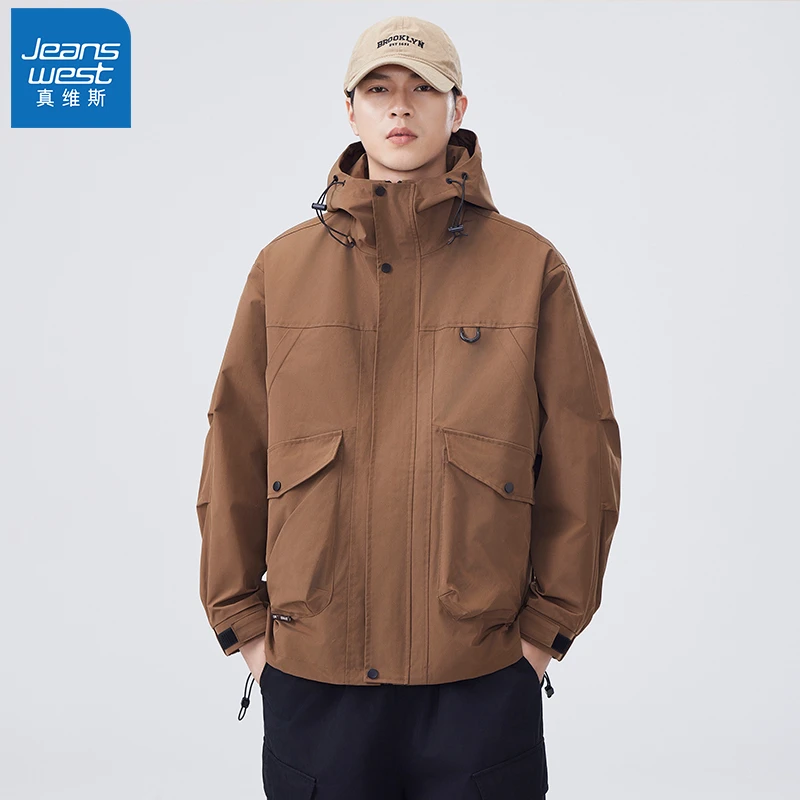 Jeanswest/真维斯秋季户外连帽外套休闲宽松防风夹克潮流冲锋上衣