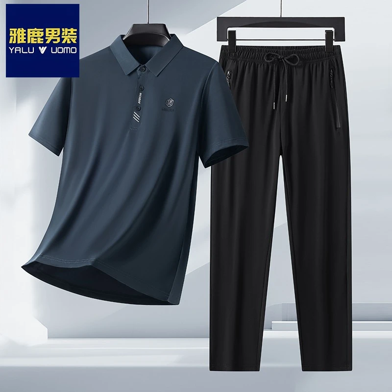 雅鹿男装中老年新款夏季父亲节运动冰丝短袖爸爸40-50岁polo衫