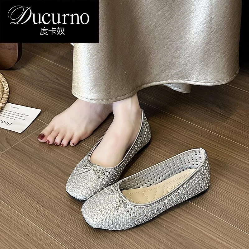 DUCURNO 法式方头优雅单鞋女甜美蝴蝶结2025新款镂空孕妇平底鞋子