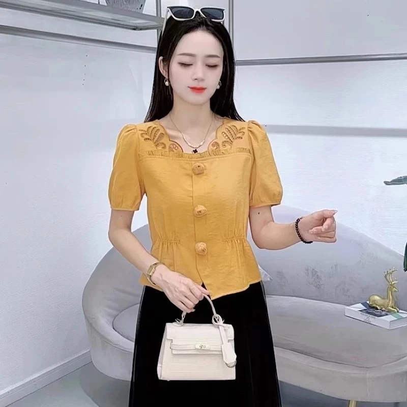 时尚短袖衬衫女2025夏季新款洋气收腰显瘦小个子镂空V领衬衣上衣