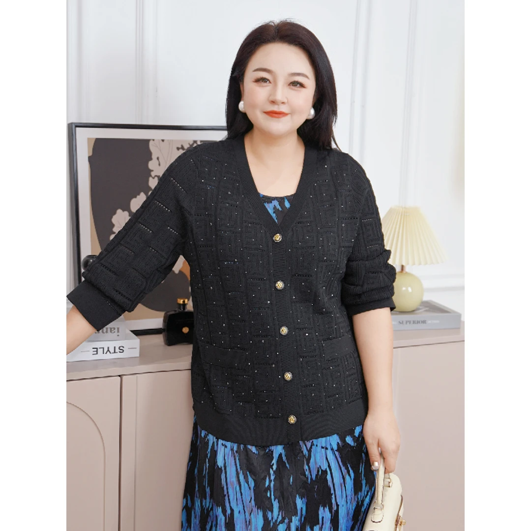 MsShe大码女装优雅气质烫钻镂空V领针织开衫外套J~B2503075