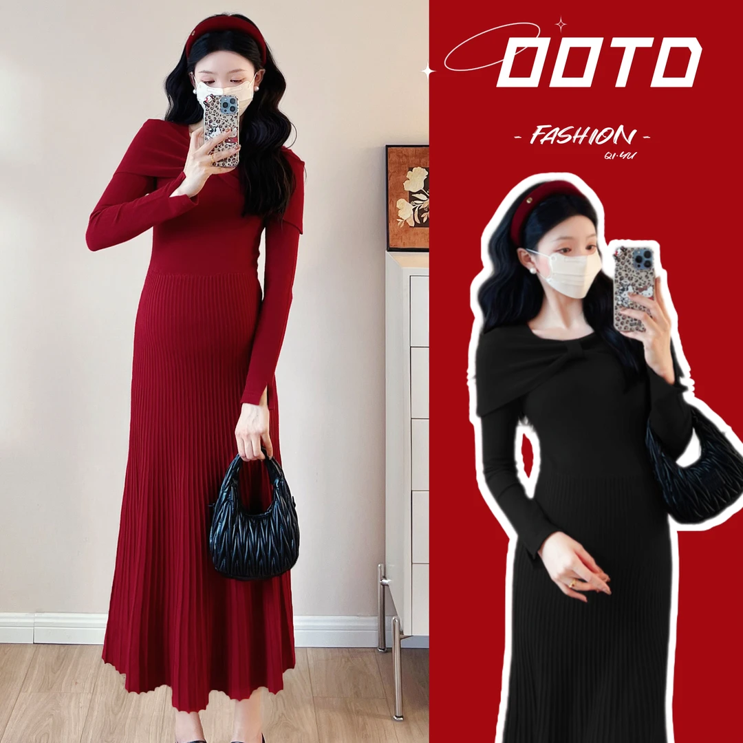 【枫丽】孕妇春秋冬优雅气质别致纯欲性感显瘦减龄针织连衣裙
