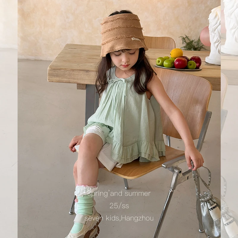 SKD2561女大童韩版时髦圆领背心夏装新款儿童木耳边简约上衣潮