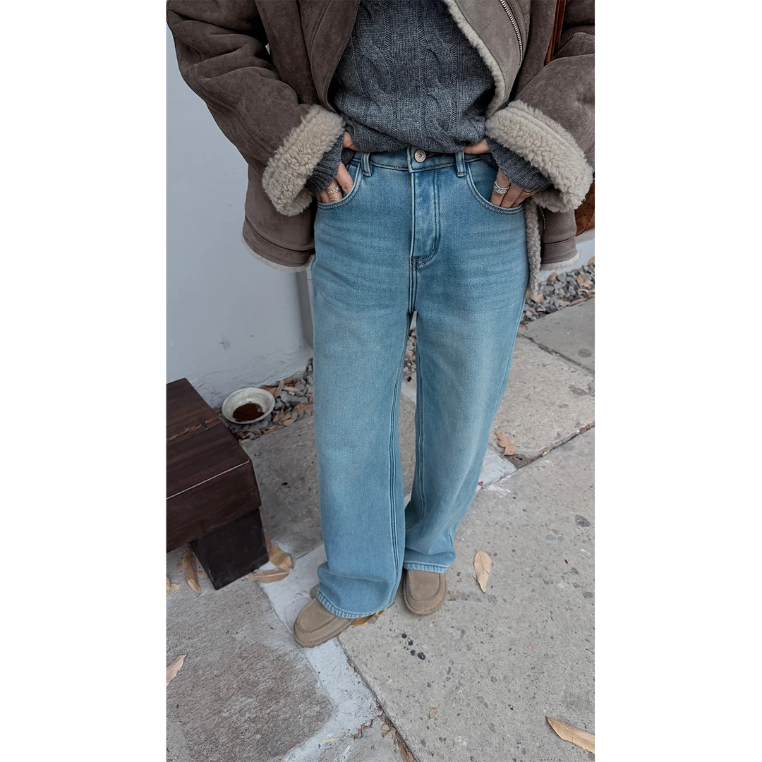 苏安家｜“冰花牛仔”厚绒浅蓝一条过冬微弹力显瘦牛仔裤拖地直筒裤