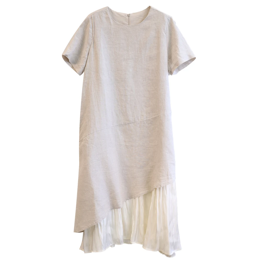 棉叙拼接复古圆领亚麻鱼尾连衣裙女夏休闲宽松短袖流苏裙15937