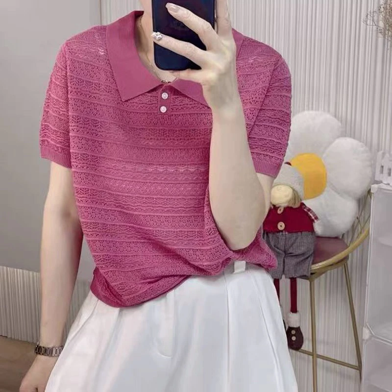 纯色印花毛针织衫翻领小众短袖针织衫上衣夏季女