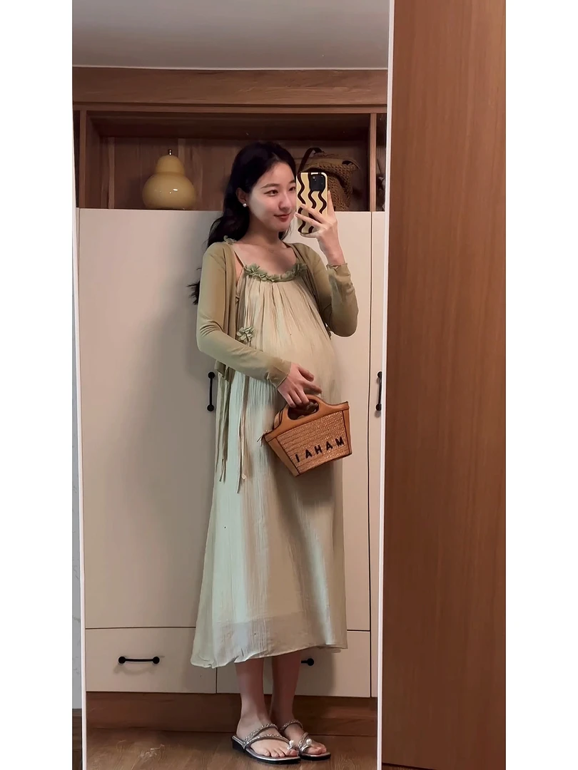 「maimixi」孕妇春夏甜美茶歇温柔风宽松吊带连衣裙外搭开衫