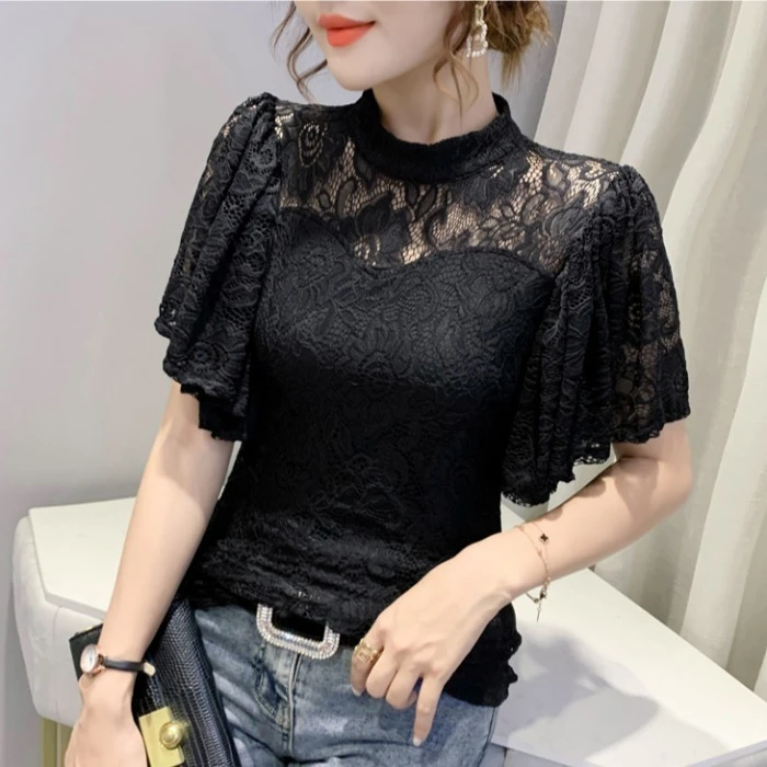 性感镂空蕾丝衫女短袖2025夏新款修身显瘦喇叭袖洋气上衣半袖小衫