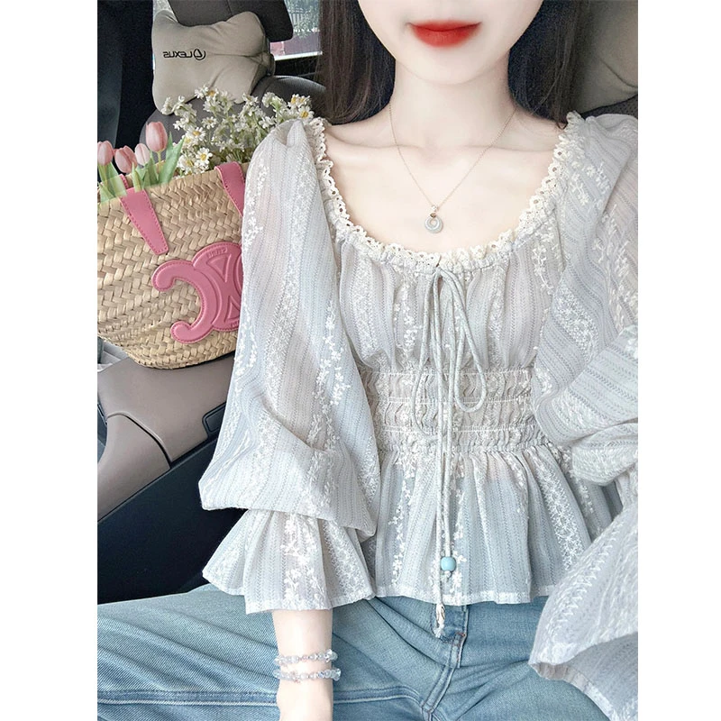 赫本风法式小众超好看独特漂亮上衣气质高级感灰色方领衬衫女春季