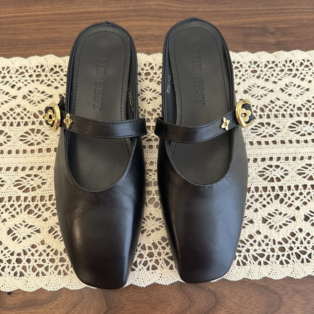 时尚法式包头半拖鞋2025春季新款一脚蹬平底凉鞋女款拖鞋女鞋外穿