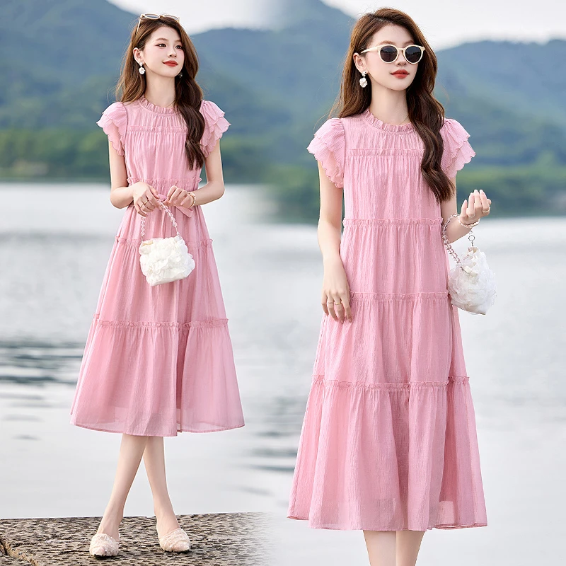 长裙大码宽松女装夏季女士粉色飞飞袖连衣裙风收腰长裙碎花显瘦