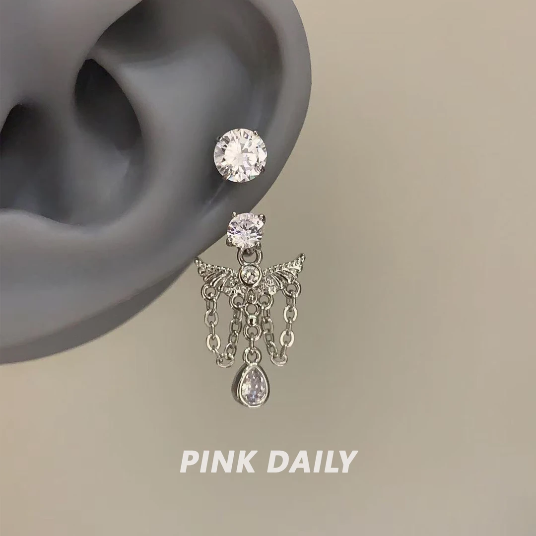 钛钢锆石耳饰 Pink Daily天使翅膀吊坠链条马蹄环钛钢甜酷风耳饰
