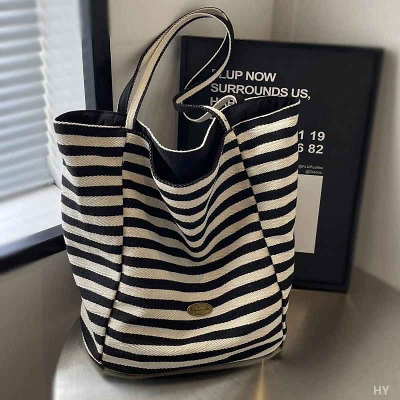 百搭托特包包新款明星同款条纹单肩帆布包通勤双面背大容量上班族