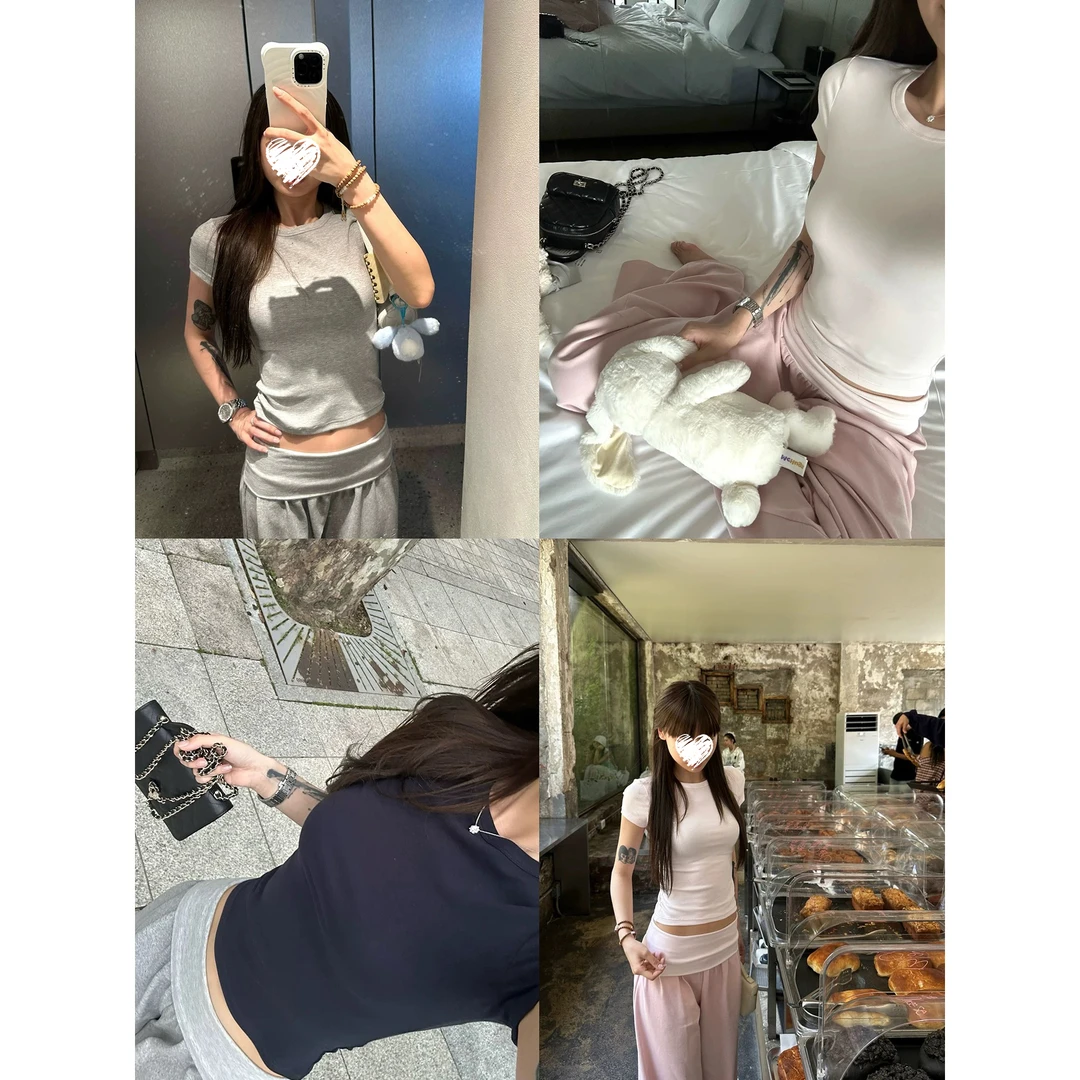 纯色圆领上衣女短款夏季显瘦修身短袖T恤+休闲裤女装60155