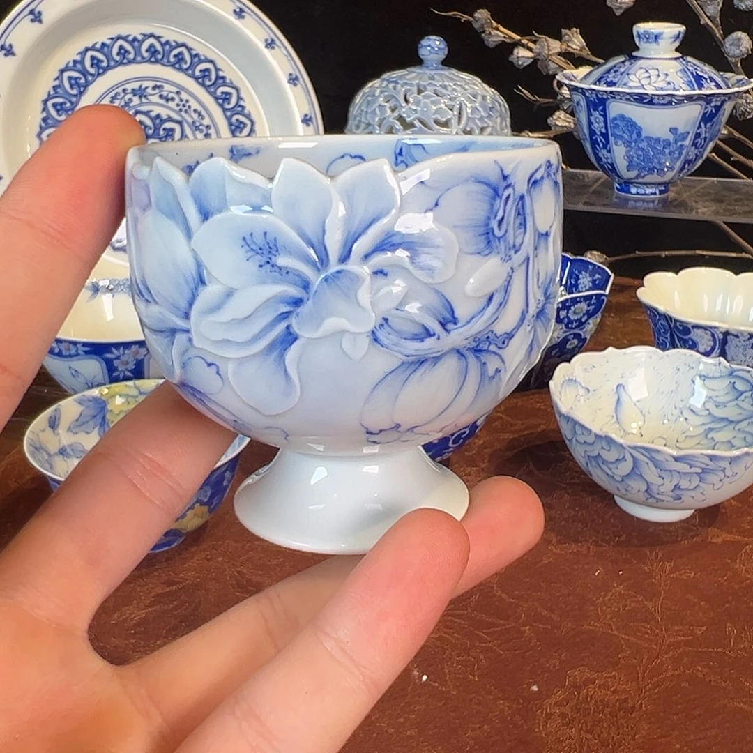 杯子青樵轩玉兰花雕刻高足杯