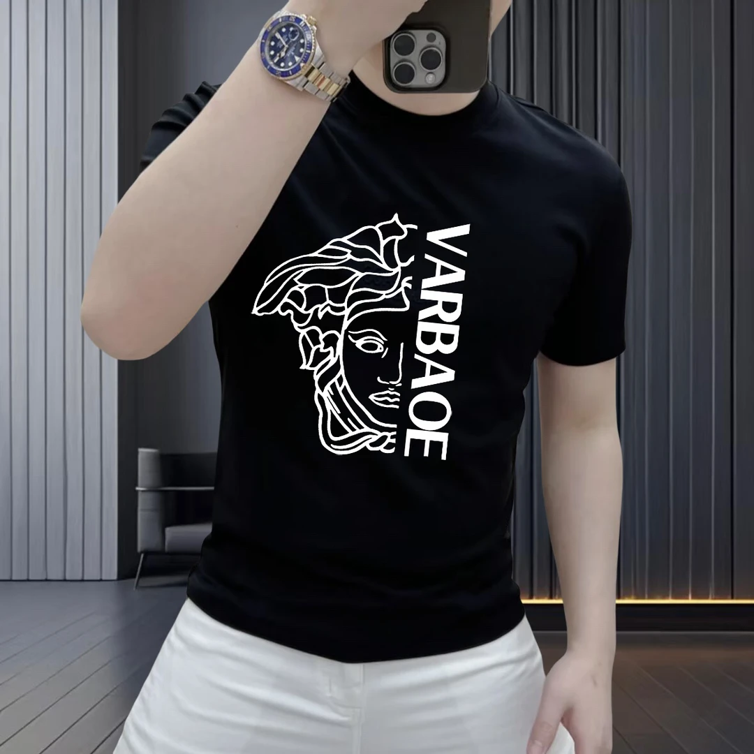 潮牌新款纯棉短袖T恤男士微修身休闲时尚半截袖圆领潮流印花上衣