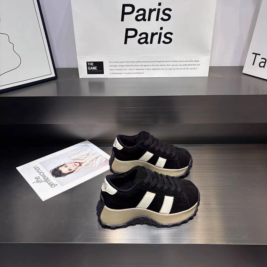 真皮丑萌大头厚底老爹鞋女秋冬新款百搭加绒系带运动鞋女9900-1